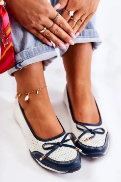 New Evento Ażurowe Skórzane Baleriny Biało-Granatowe Erdola