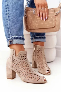 Discount Ażurowe Skórzane Botki Na Słupku Exquisite 1184 Beżowe Damskie Botki Wiosenne|Botki Na Słupku