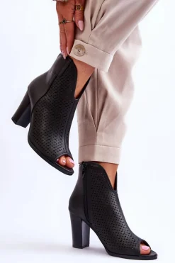 Outlet Ażurowe Skórzane Botki Na Słupku Czarne Florina Damskie Botki Na Słupku|Czarne Botki