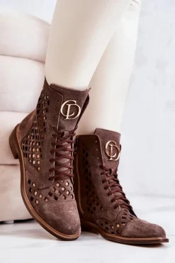Botki Wiosenne|Botki Sznurowane>Zazoo Ażurowe Skórzane Botki Nicole Brązowe 2695