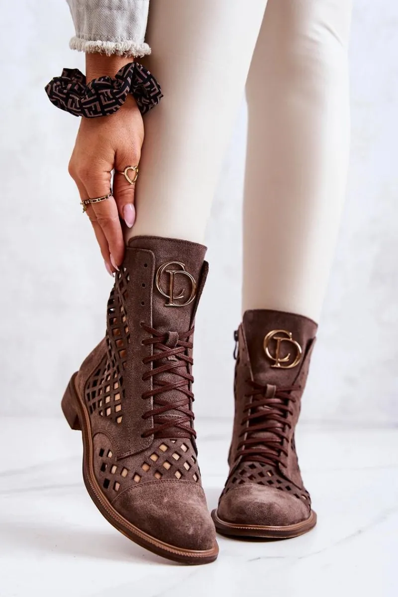 Botki Wiosenne|Botki Sznurowane>Zazoo Ażurowe Skórzane Botki Nicole Brązowe 2695