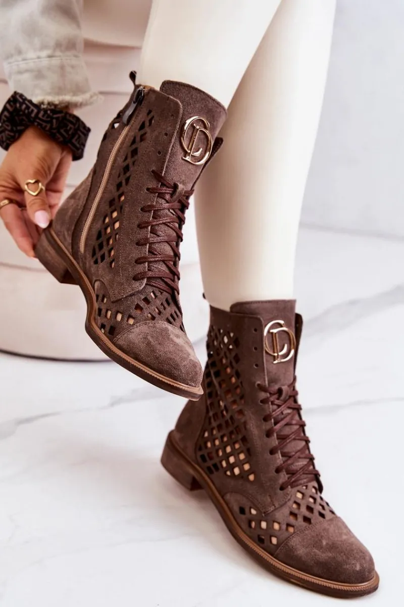 Botki Wiosenne|Botki Sznurowane>Zazoo Ażurowe Skórzane Botki Nicole Brązowe 2695