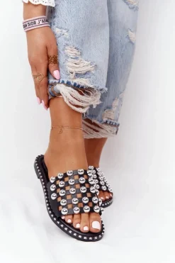 Hot Ażurowe Skórzane Klapki Z Dżetami Czarne Alana Damskie Klapki Damskie Klasyczne