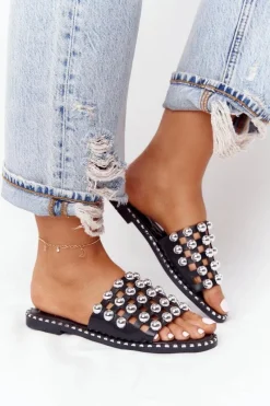 Hot Ażurowe Skórzane Klapki Z Dżetami Czarne Alana Damskie Klapki Damskie Klasyczne