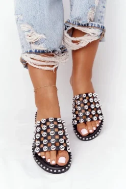 Hot Ażurowe Skórzane Klapki Z Dżetami Czarne Alana Damskie Klapki Damskie Klasyczne