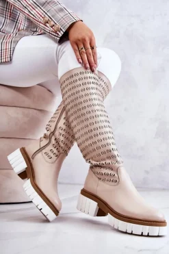 Sale Boto Ażurowe Skórzane Kozaki Na Suwak Beżowe Lativia