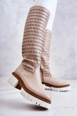 Sale Boto Ażurowe Skórzane Kozaki Na Suwak Beżowe Lativia