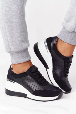 Sneakersy Damskie>Damskie buty S.Barski Ażurowe Skórzane Sneakersy Na Koturnie S.Barski Czarne