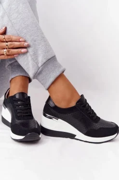 Sneakersy Damskie>Damskie buty S.Barski Ażurowe Skórzane Sneakersy Na Koturnie S.Barski Czarne