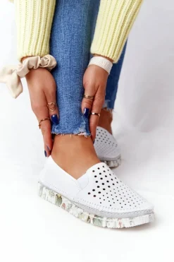 Hot Maciejka Ażurowe Skórzane Tenisówki Półbuty Slip-On Białe 03512B-11