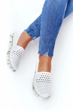 Hot Maciejka Ażurowe Skórzane Tenisówki Półbuty Slip-On Białe 03512B-11