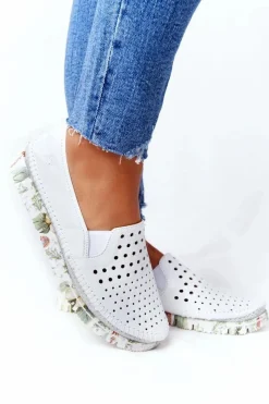 Hot Maciejka Ażurowe Skórzane Tenisówki Półbuty Slip-On Białe 03512B-11