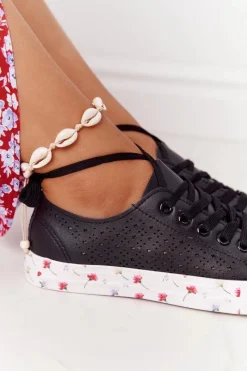 Clearance Ażurowe Skórzane Tenisówki W Kwiaty Czarne Spring Damskie Trampki Damskie Niskie
