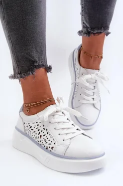Sale Evento Ażurowe Sneakersy Damskie Na Platformie Skórzane Białe Peilaeno Biały