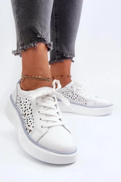 Sale Evento Ażurowe Sneakersy Damskie Na Platformie Skórzane Białe Peilaeno Biały