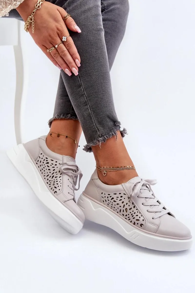 Clearance Ażurowe Sneakersy Damskie Na Platformie Skórzane Szare Peilaeno Damskie Buty Sportowe Na Platformie