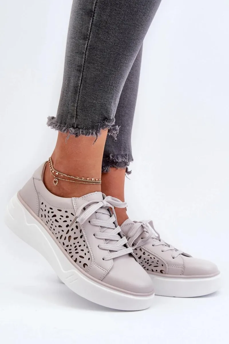 Clearance Ażurowe Sneakersy Damskie Na Platformie Skórzane Szare Peilaeno Damskie Buty Sportowe Na Platformie