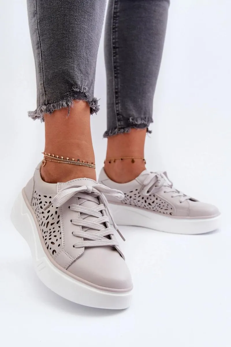 Clearance Ażurowe Sneakersy Damskie Na Platformie Skórzane Szare Peilaeno Damskie Buty Sportowe Na Platformie
