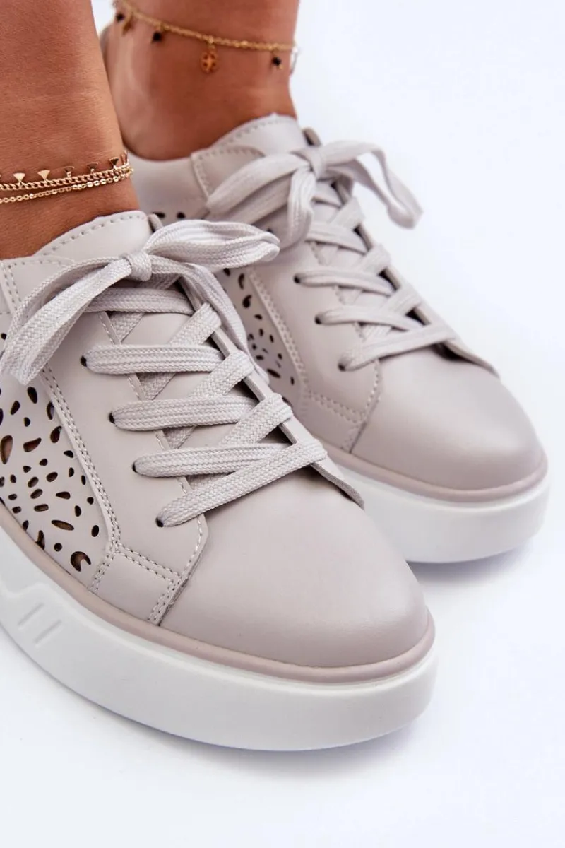Clearance Ażurowe Sneakersy Damskie Na Platformie Skórzane Szare Peilaeno Damskie Buty Sportowe Na Platformie