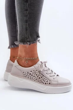 Clearance Ażurowe Sneakersy Damskie Na Platformie Skórzane Szare Peilaeno Damskie Buty Sportowe Na Platformie