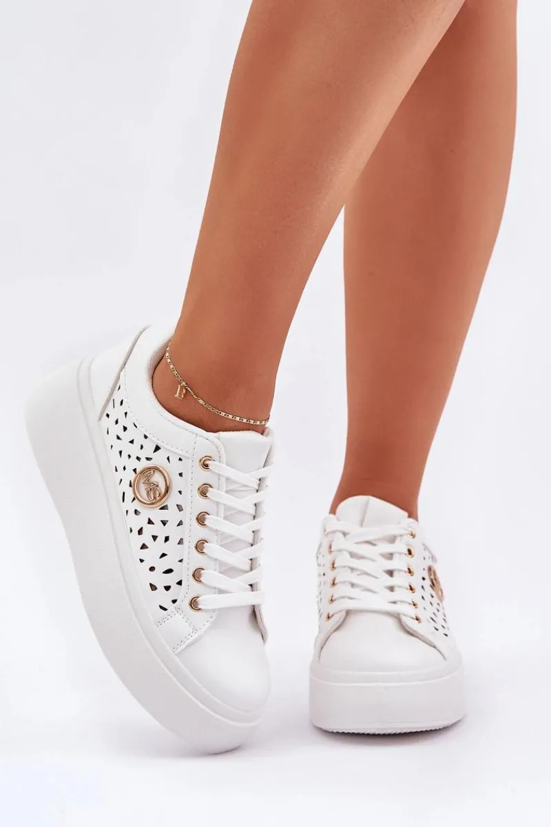 New Boto Ażurowe Sneakersy Ze Złotym Detalem Białe Cassildi