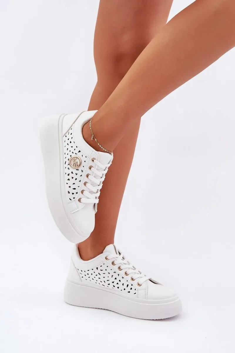 New Boto Ażurowe Sneakersy Ze Złotym Detalem Białe Cassildi