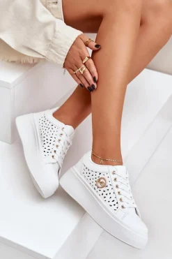 New Boto Ażurowe Sneakersy Ze Złotym Detalem Białe Cassildi