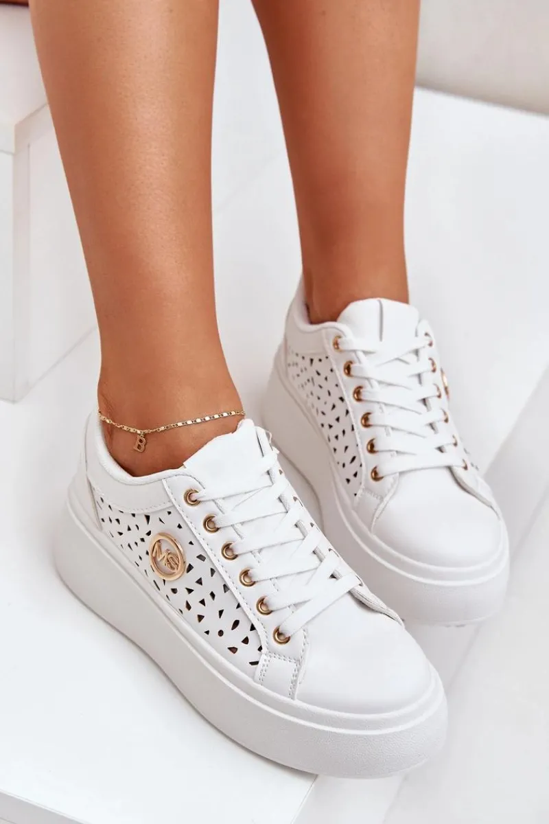 New Boto Ażurowe Sneakersy Ze Złotym Detalem Białe Cassildi