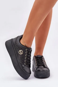 Outlet Ażurowe Sneakersy Ze Złotym Detalem Czarne Cassildi Damskie Buty Sportowe Na Platformie|Sneakersy Damskie
