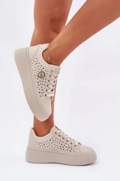 Buty Sportowe Na Platformie|Sneakersy Damskie>Boto Ażurowe Sneakersy Ze Złotym Detalem Beżowe Cassildi