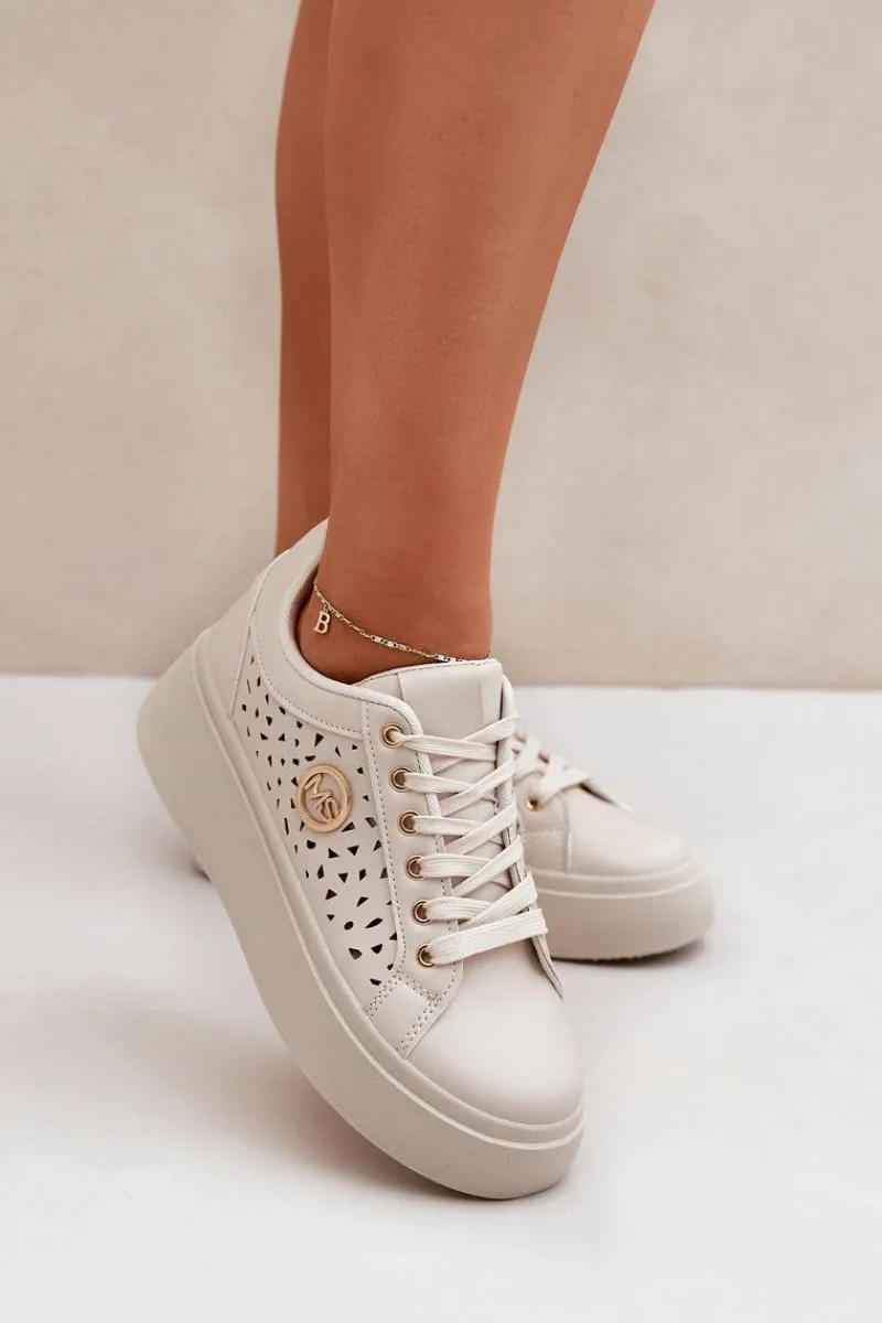 Buty Sportowe Na Platformie|Sneakersy Damskie>Boto Ażurowe Sneakersy Ze Złotym Detalem Beżowe Cassildi