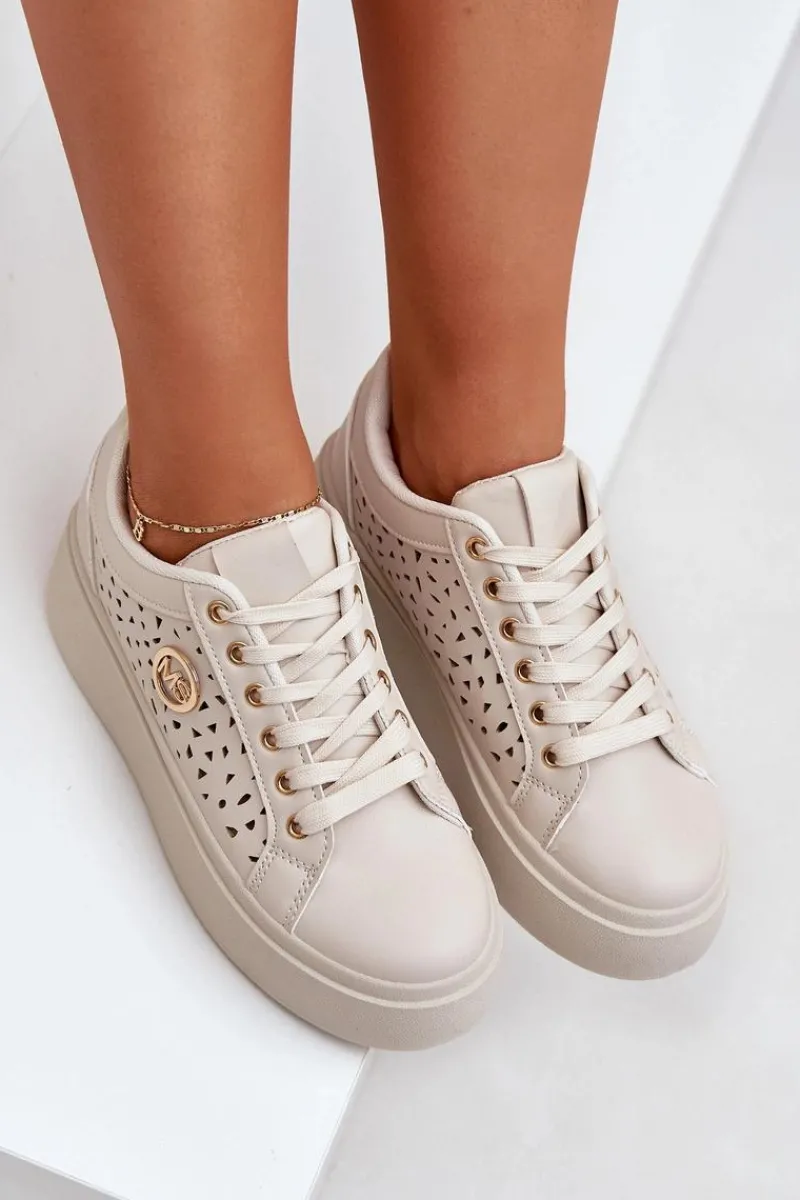 Buty Sportowe Na Platformie|Sneakersy Damskie>Boto Ażurowe Sneakersy Ze Złotym Detalem Beżowe Cassildi