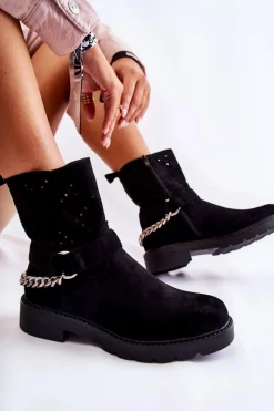 Online Ażurowe Wiosenne Botki Na Suwak Z Łańcuchem Czarne Chantelle Damskie Botki Wiosenne|Czarne Botki