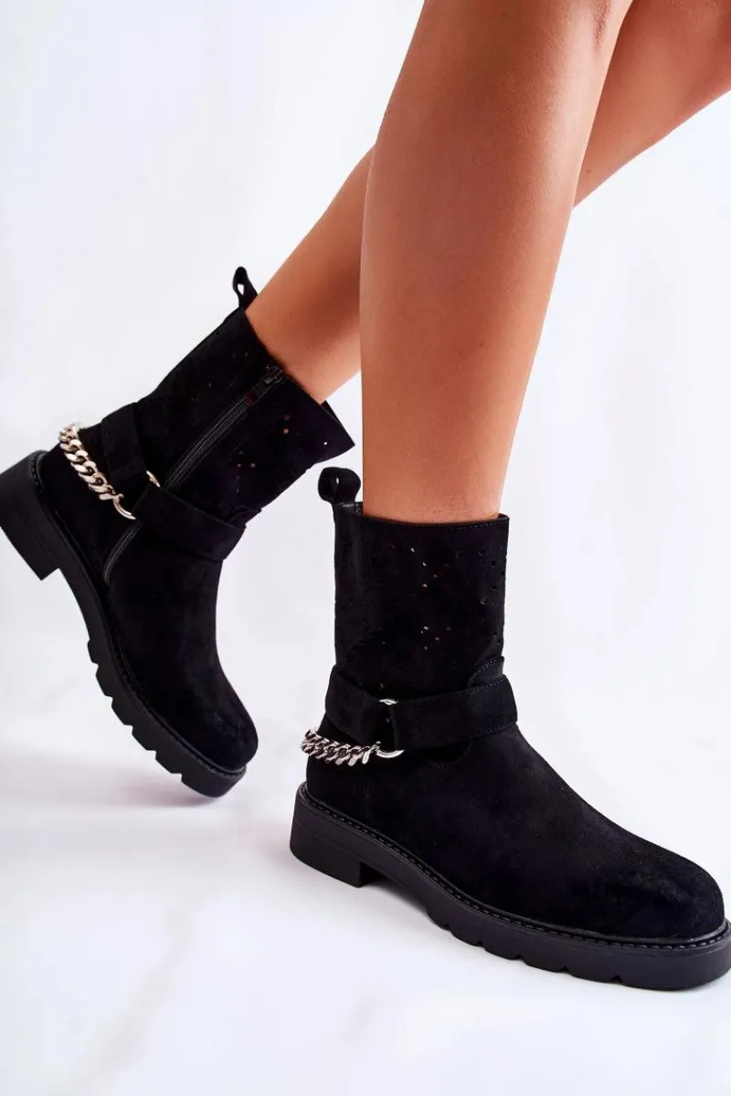 Online Ażurowe Wiosenne Botki Na Suwak Z Łańcuchem Czarne Chantelle Damskie Botki Wiosenne|Czarne Botki