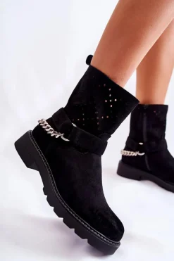 Online Ażurowe Wiosenne Botki Na Suwak Z Łańcuchem Czarne Chantelle Damskie Botki Wiosenne|Czarne Botki
