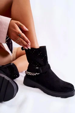 Online Ażurowe Wiosenne Botki Na Suwak Z Łańcuchem Czarne Chantelle Damskie Botki Wiosenne|Czarne Botki