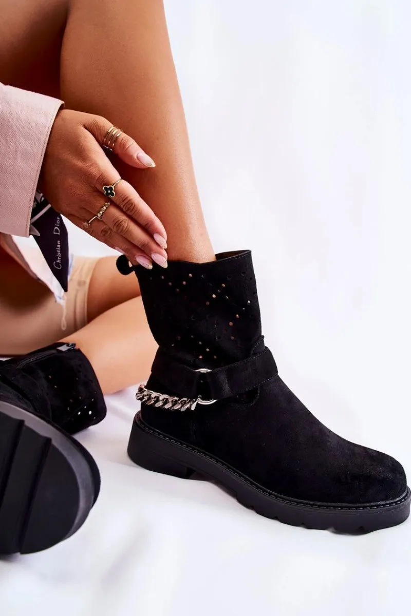 Online Ażurowe Wiosenne Botki Na Suwak Z Łańcuchem Czarne Chantelle Damskie Botki Wiosenne|Czarne Botki