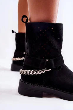 Online Ażurowe Wiosenne Botki Na Suwak Z Łańcuchem Czarne Chantelle Damskie Botki Wiosenne|Czarne Botki