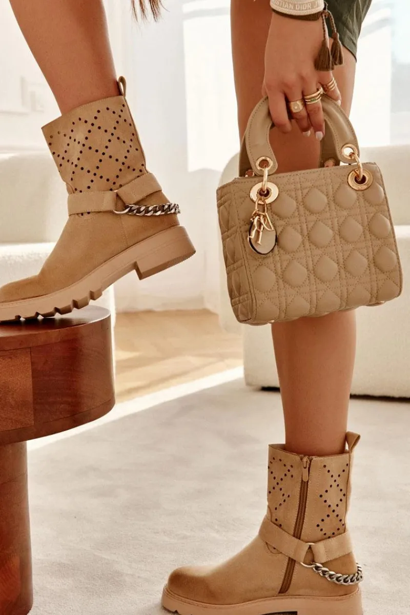 Outlet Boto Ażurowe Wiosenne Botki Na Suwak Z Łańcuchem Beżowe Chantelle Beżowy