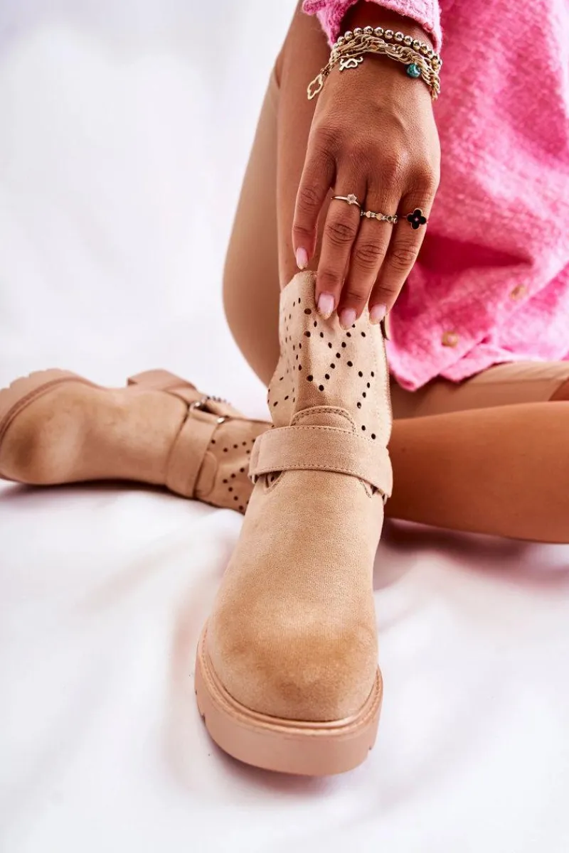 Outlet Boto Ażurowe Wiosenne Botki Na Suwak Z Łańcuchem Beżowe Chantelle Beżowy
