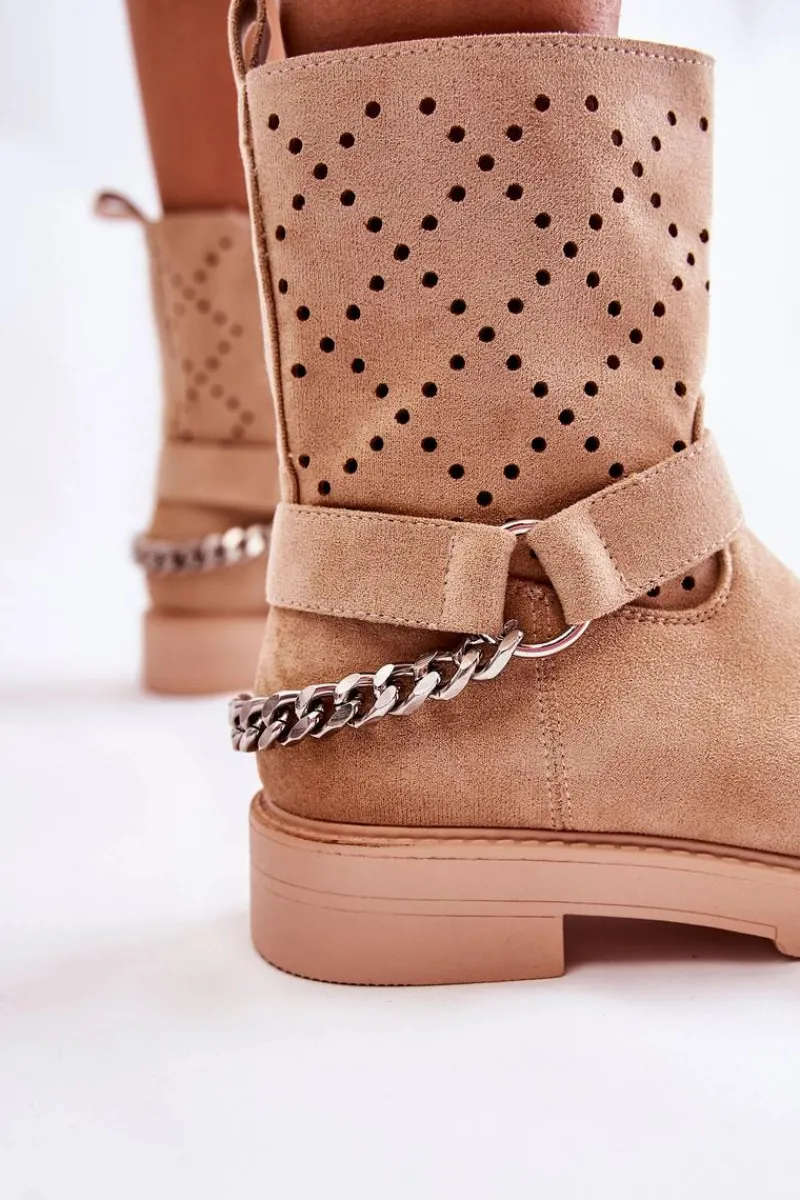 Outlet Boto Ażurowe Wiosenne Botki Na Suwak Z Łańcuchem Beżowe Chantelle Beżowy