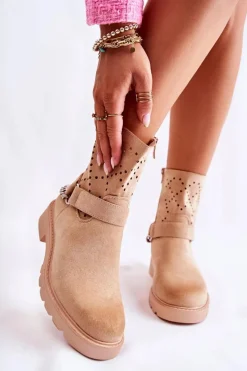Outlet Boto Ażurowe Wiosenne Botki Na Suwak Z Łańcuchem Beżowe Chantelle Beżowy