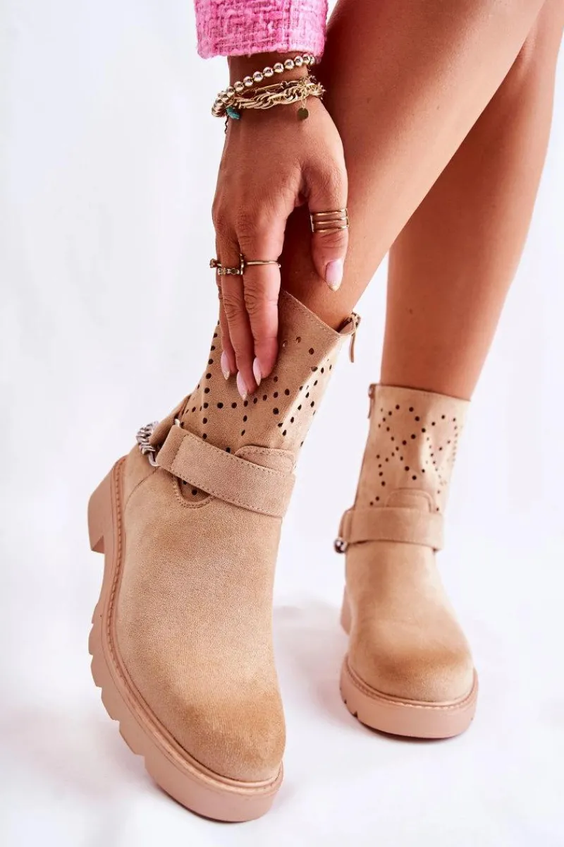 Outlet Boto Ażurowe Wiosenne Botki Na Suwak Z Łańcuchem Beżowe Chantelle Beżowy