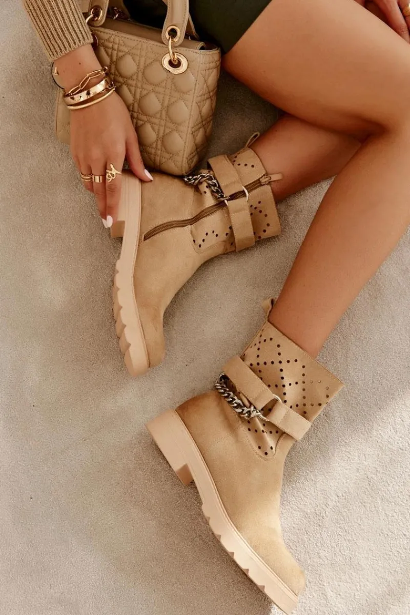 Outlet Boto Ażurowe Wiosenne Botki Na Suwak Z Łańcuchem Beżowe Chantelle Beżowy
