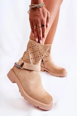 Outlet Boto Ażurowe Wiosenne Botki Na Suwak Z Łańcuchem Beżowe Chantelle Beżowy