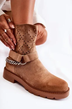 Hot Boto Ażurowe Wiosenne Botki Na Suwak Z Łańcuchem Brązowe Chantelle