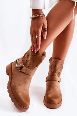 Hot Boto Ażurowe Wiosenne Botki Na Suwak Z Łańcuchem Brązowe Chantelle