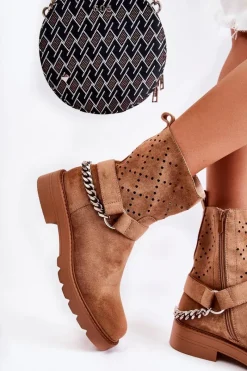 Hot Boto Ażurowe Wiosenne Botki Na Suwak Z Łańcuchem Brązowe Chantelle