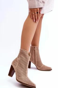 Online Ażurowe Zamszowe Botki Na Słupku Beżowe Logan Damskie Botki Wiosenne|Botki Na Słupku