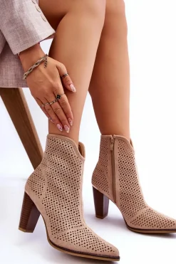 Online Ażurowe Zamszowe Botki Na Słupku Beżowe Logan Damskie Botki Wiosenne|Botki Na Słupku